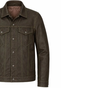 Chaqueta Trucker de Cuero Genuino, Estilo Vintage Marrón, Chaqueta de Cuero con Detalles de Mezclilla, Chaqueta Clásica con Botones al Frente - Product Image 3