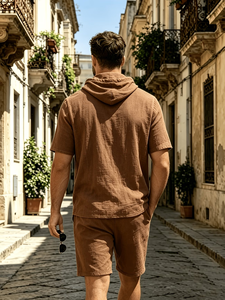 Men's Cotton Hooded Short Sleeve Shirt Set Solid Color Casual Summer Breathable Woven Quick Dry 120g 2pcs Outfit Made Bangladesh - Product Image 2