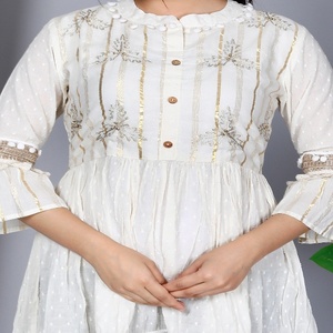 Chic Ivory Cotton Women's Fit and Flare <b>Kurti</b> with Delicate Embroidery Lace Details and Feminine Tiered Design - Product Image 5