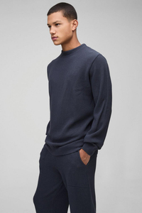 Men's Navy Blue Cotton <b>Tracksuit</b> Crew Neck Sweatshirt Jogger Pants Set Casual Autumn Wear Solid Color Full Sleeve Regular Fit - Product Image 6