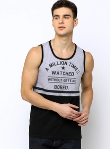 Camiseta sin Mangas para Hombre, Gris y Negra, con Estampado de Letras, Cuello Redondo, Estilo Casual, Transpirable, de Algodón - Product Image 1
