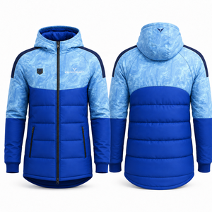 Manteau d'hiver à capuche pour homme, veste matelassée bleue, imperméable, décontractée, manches longues, fermeture éclair sur le devant, design avec logo - Product Image 1