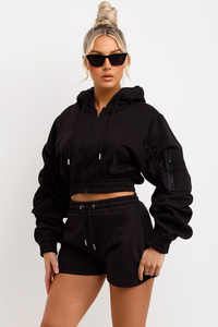 Conjunto Deportivo de 2 Piezas para Mujer, Color Negro, Sudadera Corta con Capucha, Pantalones Cortos, Cierre de Cremallera, Color Sólido, Bolsillos Laterales - Product Image 6