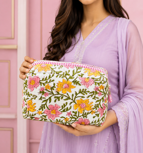 Floral Cotton Quilted Makeup Bag Zipper Cosmetic Pouch Quilted Beauty <b>Case</b> for Travel Daily Use - Product Image 5