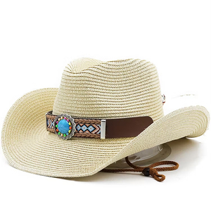 Black Straw Cowboy <b>Hat</b> With Embroidered <b>Band</b> And Turquoise Concho Unisex Outdoor Spring Summer Adult 56-58cm - Product Image 4