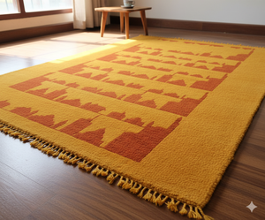 Alfombra estilo Gabbeh de algodón amarillo dorado | Alfombra de área personalizable lavable con diseño de borde tribal moderno - Product Image 2