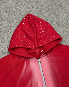 Unisex <b>Zip</b>-<b>Up</b> <b>Hoodies</b> for Streetwear Sun Faded Wash with Rhinestones Oversize Fit Hooded Collar in <b>Red</b> - Product Image 2