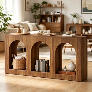 Table console longue en bois rustique et industriel vintage avec rangement pour salon, villa, table basse contemporaine minimaliste, décoration intérieure - Product Image 1