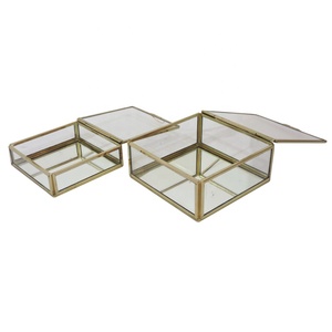 Brass and Glass Trinket Jewelry Box in square shape set of 2 pieces transparent color jewelry box