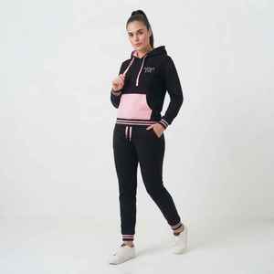 Women's Black <b>Pink</b> Color Blocked Hooded <b>Tracksuit</b> Set Full Sleeve Sporty Knitted 2-Piece Long Regular Fit All Seasons Wear - Product Image 1