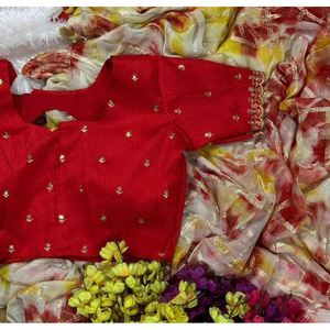 DISEÑADOR VISCOSA GEORGETTE CHEX CON SABURI WORK SAREE CON BLUSA SIN COSTURA ROJA - Product Image 1