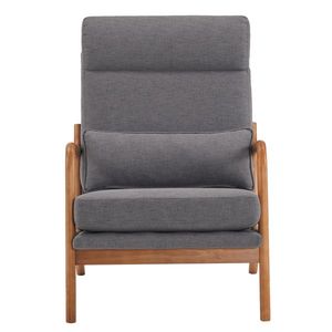 Poltrona Relax da Interno in Legno Massello con Schienale Alto e Struttura in Ferro, Rivestimento in Lino Grigio Scuro, Reclinabile Manualmente per Soggiorno - Product Image 3