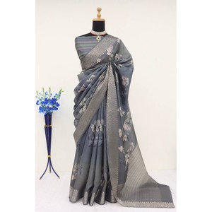 Saree งานพิมพ์ลายดอกไม้และดิจิตอลผ้าไหมแฟนซีพร้อมเสื้อ unstitched สีเทา - Product Image 1