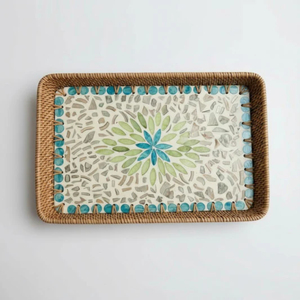 Plateau de service rond en rotin naturel fait main avec incrustation de nacre, motif floral tissé, plateau décoratif en nacre - Product Image 2