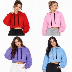 Sudadera con Capucha Corta Azul Claro para Mujer, de Algodón y Felpa, Informal, de Color Sólido, Manga Larga, Transpirable, para Otoño - Product Image 5