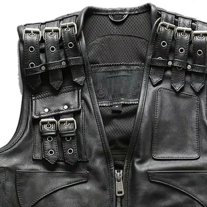 Premium Men's Genuine Leather <b>Utility</b> <b>Vest</b> - Multi-Pocket Biker Waistcoat with Buckle Hardware - Product Image 4