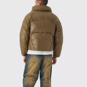 Chaqueta Corta de Invierno para Hombre, Tendencia Actual, Chaqueta Acolchada Marrón Brillante con Cuello de Broche, Acolchado Aislante, Cierre Frontal con Cremallera, Hecha de Lona - Product Image 3