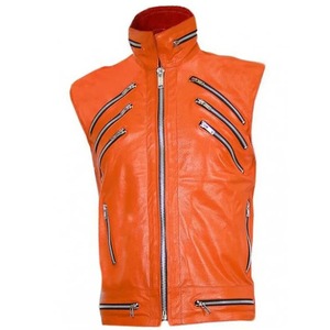 Gilet en cuir véritable orange pour homme, style punk, avec fermeture éclair, veste de motard - Product Image 1