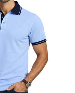 Polo de algodón azul cielo personalizado para hombre con cuello y ribetes de manga en contraste azul marino, corte clásico, informal, para verano, suministro OEM al por mayor - Product Image 4