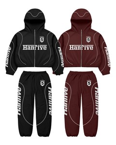 Black Maroon Hanfive Tracksuit Set | Oversized <b>Zip</b> Hoodie & Jogger Pants| Streetwear Matching Set OEM Private Label Manufacturer - Product Image 1