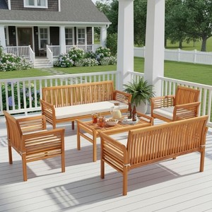 Ensemble de canapés de jardin en teck avec table basse, 6 places, résistant aux intempéries, mobilier de patio contemporain - Product Image 3