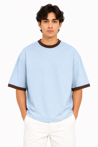 Mens Light <b>Blue</b> Oversized Knitted Pattern Contrast Rib Crew Neck Half Sleeve <b>T</b> Shirt Brown Trim Casual Streetwear Summer Top - Product Image 1