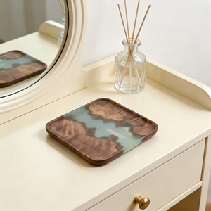 New Trendy Custom Handmade Sustainable square Non-slip <b>Epoxy</b> Walnut Wood Serving Tray for <b>Coffee</b> Snacks Home Kitchen Restaurant - Product Image 3