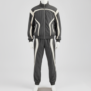 Yourbrand Men's Sporty Track Suit Set Grey <b>White</b> Stripe Breathable 100% Cotton Fleece Winter Wear Streetwear Color Blocking - Product Image 2