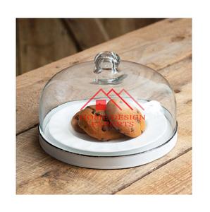 Dôme en verre à base de métal fini blanc Plateau de service du désert Offre spéciale Dôme de service pour gâteau d'hôtel et de restaurant de luxe - Product Image 1