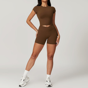 Conjunto Deportivo para Mujer de Color Sólido, Top Corto de Manga Corta y Pantalones Cortos de Cintura Alta, Transpirable, de Secado Rápido y Elástico en Cuatro Direcciones - Product Image 2