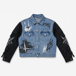 Custom Men's Contrast Denim <b>Jacket</b> Black Cargo Sleeve Splatter <b>Star</b> Print Buckle Strap Streetwear Trucker Coat Wholesale Bulk - Product Image 1