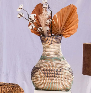 Tapered <b>square</b>-base woven rattan <b>vase</b> with a natural rustic texture finish, available at wholesale prices. - Product Image 6