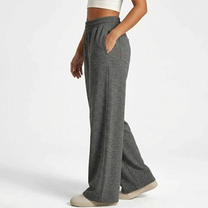 Pantalon de détente pour femme gris anthracite à jambe large, taille haute, avec cordon de serrage, coupe décontractée, en maille, avec poches latérales - Product Image 6