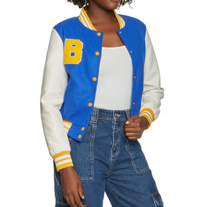 Chaqueta Universitaria Azul y Blanca con Letra B Amarilla en el Frente, Cierre de Botones, Cuello Camisero, Corte Regular, Estilo Preppy, Ropa de Otoño - Product Image 1