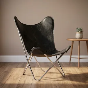 Modern Leather Butterfly <b>Chair</b> Metal Legs <b>Wing</b> Back Living Room Accent <b>Chair</b> Midcentury Style Durable Home Furniture - Product Image 2