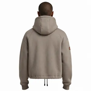 Sweat à capuche court unisexe coupe oversize en molleton bouclette marron avec logo embossé sur le devant, style décontracté pour l'automne - Product Image 5