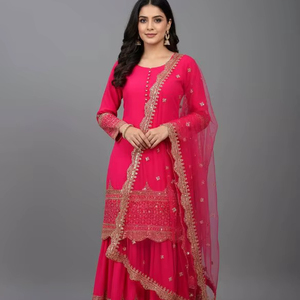 Designer Crunchy <b>Silk</b> Embroidered <b>Kurta</b> with Net Dupatta for Women-Quick Dry Modern Style Wedding Party & Diwali Wear - Product Image 1