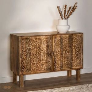 Carved Mango Wood <b>Sideboard</b> Wooden Cabinet Brown Buffet <b>Storage</b> Console for Living Room Bedroom Home Office - Product Image 2