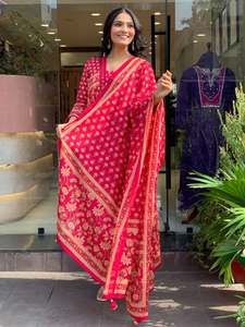 Women's Red Cotton A-Line Traditional Ankle-Length <b>Kurti</b> with Pant & Dupatta Floral Print Loose Fit India Pakistan Style Diwali - Product Image 3