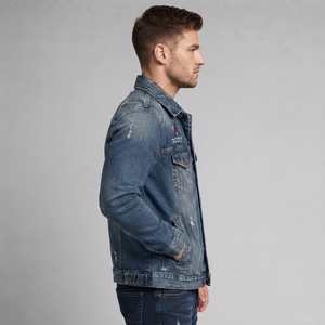 Classic <b>Men</b> <b>Denim</b> <b>Jacket</b> Casual Trucker <b>Jacket</b> with Washed <b>Denim</b> Finish Button Closure and Functional Front Pocket Design - Product Image 3