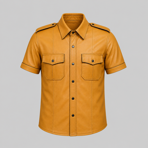 เสื้อหนังสีเหลืองมัสตาร์ด แขนสั้นสำหรับผู้ชาย กระดุมแป๊ก แต่งแถบผ้า หนังแกะ โทนสีเดียว เสื้อคลับแวร์ ปาร์ตี้ ลำลอง - Product Image 1