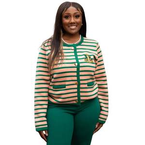 AKA Cárdigan a rayas para mujer, suéter de punto con botones en la parte delantera, rayas rosas y verdes, estilo preppy, informal, elegante, ajuste suave - Product Image 1