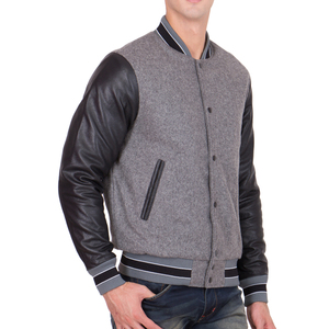 Unisex Grey Black Geometric Patchwork Varsity <b>Jacket</b> Wool Sleeves Hooded Casual Baseball Style <b>Winter</b> Warm Woolen Outerwear - Product Image 1