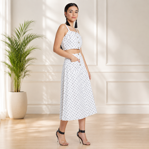 Custom Women's <b>White</b> Polka Dot Sleeveless Crop Top Midi Skirt <b>Set</b> Summer Casual Two <b>Piece</b> Outfit OEM ODM Wholesale Manufacturer - Product Image 3