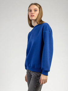 Sudadera Oversize de Cuello Redondo para Mujer, Azul Sólido, Manga Larga, Tejido de Algodón/Fibra de Bambú, Bordado de Cristal, Hombros Caídos - Product Image 5