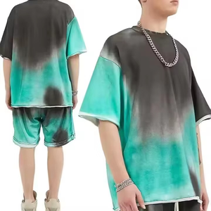 Ensemble t-shirt et short pour homme, dégradé de couleurs, col rond, tricoté, respirant, style streetwear, vêtements d'été - Product Image 4