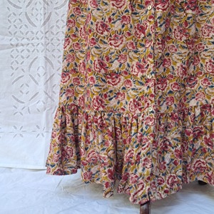 Rose Floral Block Print Cotton Womens Full Length Tiered <b>Skirt</b> Smocked Waist Button Front Ruffle Hem Mustard <b>Boho</b> Handcrafted - Product Image 4
