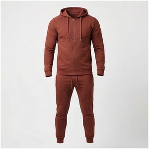 Ensemble de survêtement marron pour homme, manches longues, capuche, fermeture éclair sur le devant, couleur unie, respirant, coupe décontractée, vêtements d'automne - Product Image 1