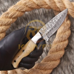 Cuchillo de Hoja Fija de Acero de Damasco, Punta Caída, Borde Recto, Mango de Hueso, Cuchillo para Acampar al Aire Libre - Product Image 4
