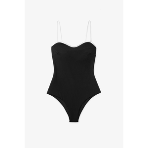 Traje de baño de una pieza negro acanalado para mujer, sin tirantes, tipo bandeau, de punto elástico, con corte alto en la parte inferior - Product Image 2